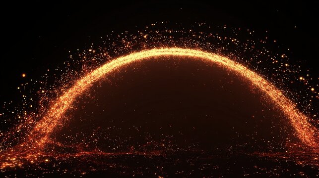 A luminous arc of fiery particles swirls, forming a radiant semi-circle against a black abyss