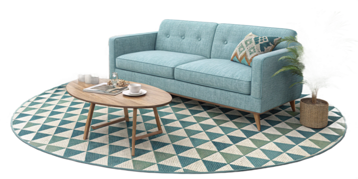 Modern living room design with comfortable sofa, armchair, and contemporary home decor