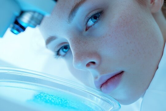 A focused young scientist observes a glowing petri dish under blue light, engaged in biological or chemical research with a microscope nearby.