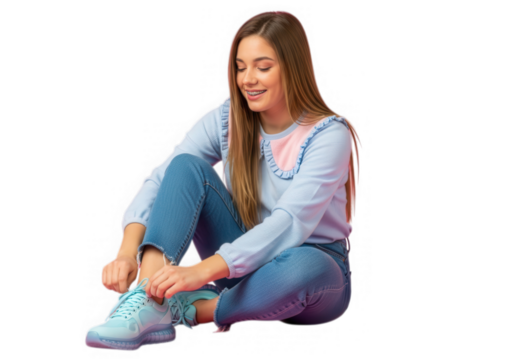 Girl tying shoelace of sneaker isolated on transparent background