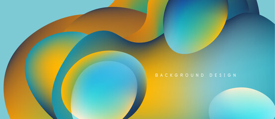 Abstract fluid shapes overlap, creating vibrant color gradients. Blue, orange, yellow hues blend seamlessly. Modern design element.
