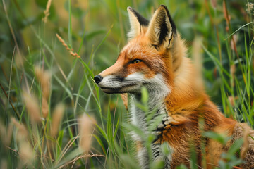 Fototapeta premium Red Fox in Grass. Portrait of red fox in tall green grass and brush with room for copy
