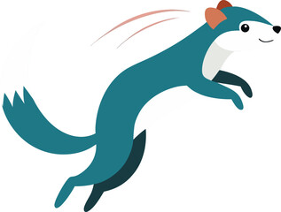 Playful teal ferret with red earbuds leaping joyfully in mid air against a white background