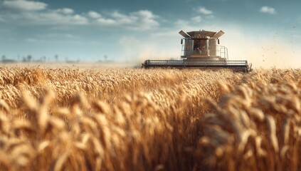 Fototapeta premium Golden Wheat Field Harvest with Combine Harvester Under a Bright Sky.