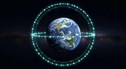 Obraz premium Futuristic earth with digital circles around it, symbolizing global connectivity and technological advancement in a space environment with stars and cosmic elements