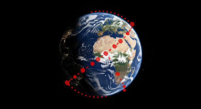 Earth with red dots and lines, illustrating global connections and networks, showcasing the planets geography and continents against a black space background