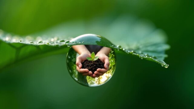 A close-up of a water droplet hanging from a green leaf, reflecting hands cradling soil and a seedling—a powerful symbol of sustainability, environmental care, and sustainable growth.