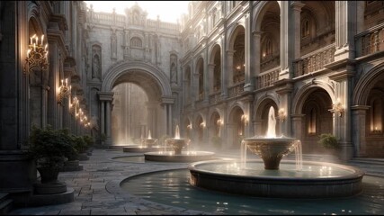 Grand courtyard fountain ornate stone arch classical architecture soft sunlight tranquil water baroque detail historic palace elegant colonnade marble basin golden glow serene ancient setting with - Powered by Adobe