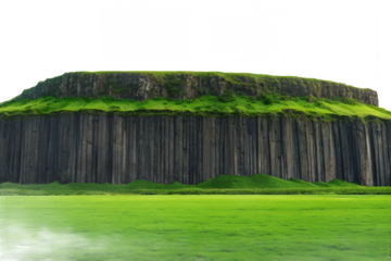 Unique columnar basalt rock formation with vibrant green grass on top and at the base isolated on transparent background