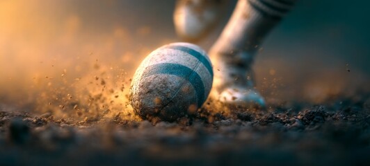 Photorealistic low-angle close-up of dirt-covered rugby ball with blue stripes kicked by muscular player’s boot, dust cloud, golden-hour sunlight, sharp focus, cinematic