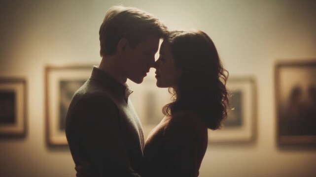 A couple embraces intimately in a softly lit room, their faces close; art in background