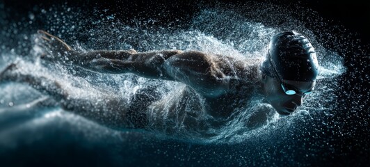 Elite Swimmer Performing Butterfly Stroke in Explosive Motion, Splash Trails and Light Streaks, Cinematic Lighting, Vibrant Colors, High Detail for Sports Advertising Concept
