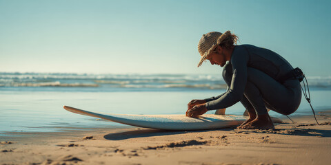 Surfer in wetsuit and straw hat is waxing surfboard on sandy beach, with ocean in background under clear blue sky