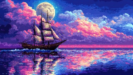 Pixel art ship sailing under a full moon, colorful clouds