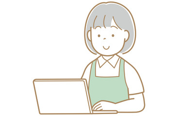パソコンの画面を見るエプロンを着用した女性のイラスト