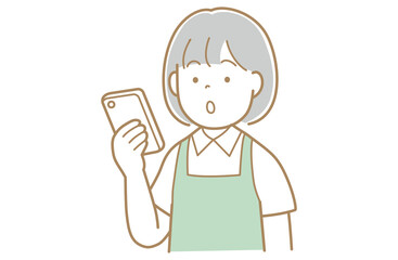 スマートフォンを見るエプロンを着用した女性のイラスト