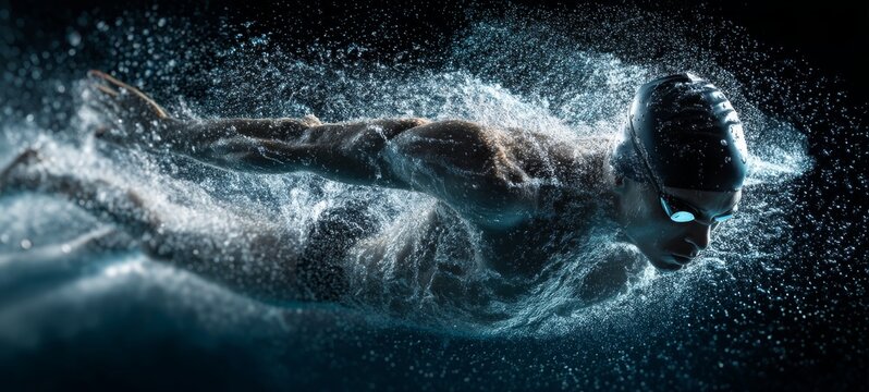 Elite Swimmer Performing Butterfly Stroke in Explosive Motion, Splash Trails and Light Streaks, Cinematic Lighting, Vibrant Colors, High Detail for Sports Advertising Concept