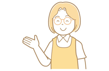 手のひらで示すメガネをかけてエプロンを着用したの女性のイラスト