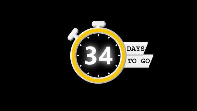 34 days countdown animation, digital stopwatch video; modern motion graphic for sales, events, campaigns, and advertising promotions.