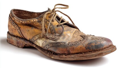 Worn out brogue shoe, made of leather, with mud and dirt stains, showing visible signs of wear and tear, representing concepts of poverty, homelessness, and decay from abandonment