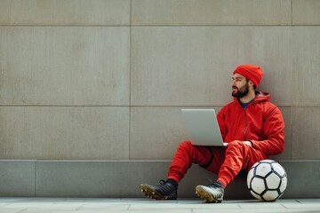Man in red tracksuit working on laptop beside soccer ball in urban setting