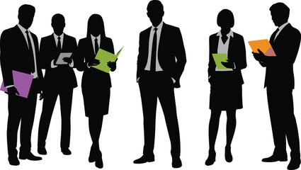 Business team silhouette icon, professional group illustration, colored folder graphic, corporate collaboration concept, office attire vector, teamwork symbol, black and white design