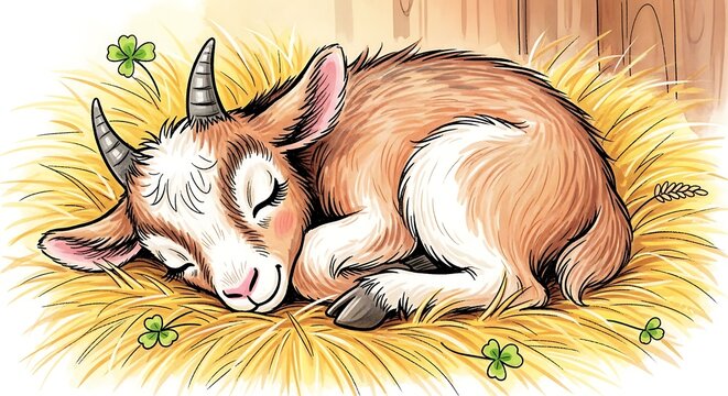 Adorable Baby Goat Sleeping Peacefully on Hay.