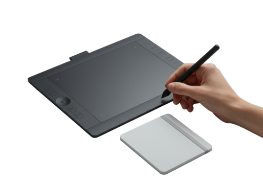 Well-groomed hand holding a sleek stylus delicately touching a dark gray graphics tablet, next to a minimalist notebook on a seamless transparent background with high-key lighting, concept of