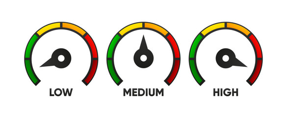 Speedometer icon. Low, medium and high speed. Fast internet concept. Rating meter performance concept. Indicator icon collection. Vector illustration.