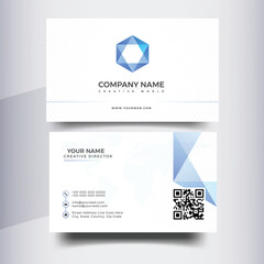 White business card with blue geometric accents and QR code