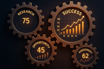 Fototapeta premium success researchers opportunity assessment concept. Gears with metrics illustrating research, opportunity, and success.
