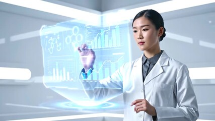 Focused Asian female scientist in a futuristic lab manipulating a glowing blue holographic interface with molecular and chart data - Powered by Adobe