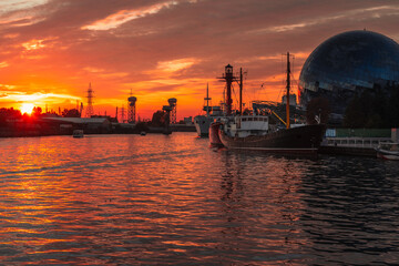 Pregolya River and ships in Kaliningrad at sunset. Russia
