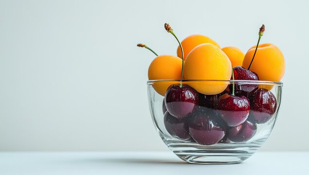 Bowl of shiny apricots & dark cherries against bright wall