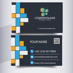 Dark business card with geometric color blocks and QR code