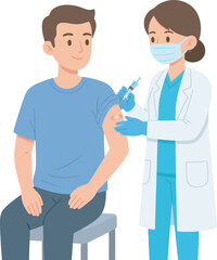 Obraz premium A medical professional administering a vaccine injection to a seated patient in a clinic.