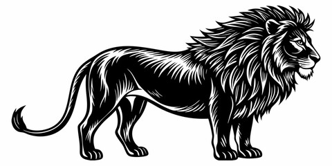 Create a highly realistic image of a male lion standing in profile, facing left. The lion should have a full, majestic mane, detailed fur texture, and a muscular body. Its expression should be calm an