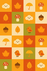 Autumn Geometric Grid Background. Cute Autumn Theme Fall Icon Seamless Pattern Background Illustration