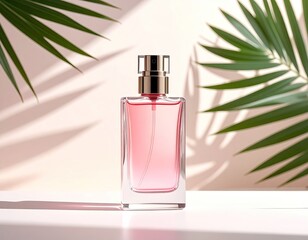 Pink perfume bottle with tropical leaf shadows