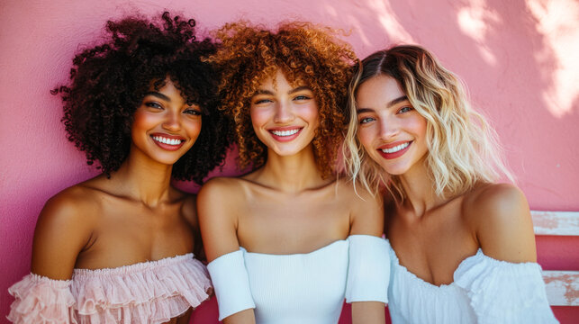 Three young women with curly hair smiling together against a colorful pink background in a cheerful atmosphere