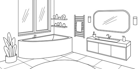 Bathroom graphic home interior black white sketch illustration vector 