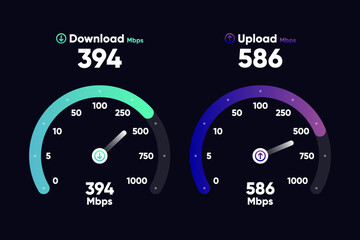 Internet download and upload speed test gauge. Internet speed test software and network performance information. Internet connection speed test. Modern design for software. Vector illustration.