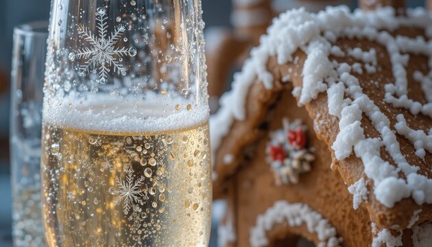 Macro photography: ice crystals on glass, champagne droplets on a glass, texture of a homemade gingerbread house – ideal for backgrounds or collages