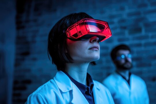 A scientist wears a glowing red futuristic VR/AR headset, deeply engrossed in a virtual experience within a dark lab. A colleague watches.