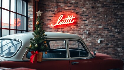 a small Christmas tree on the windowsill of an old car or in the corner of a loft with a brick wall and a neon sign - a contrast between tradition and modernity