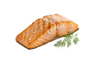 Seared salmon fillet with golden-brown crispy crust, flaky pink interior, fresh dill, sea salt, on white plate, isolated transparent background, high-key studio light, gourmet food concept