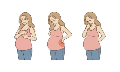 Pregnant Woman Feeling Chest Back and Stomach Pain Vector Illustration Maternity Health Issues Symptoms in Pregnancy Cartoon Style