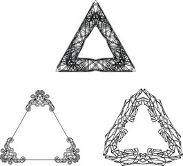 Decorative triangle frame collection, intricate line mesh, curly swirl and polygon design