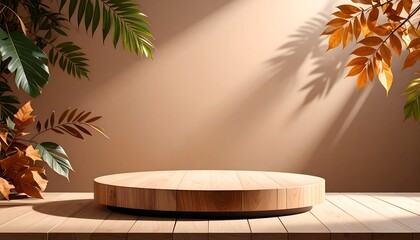 Wooden Platform with Tropical Leaves and Sunlight