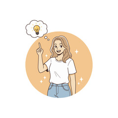 Creative woman vector illustration female character pointing upward with lightbulb idea symbol innovation imagination cartoon style concept flat design
